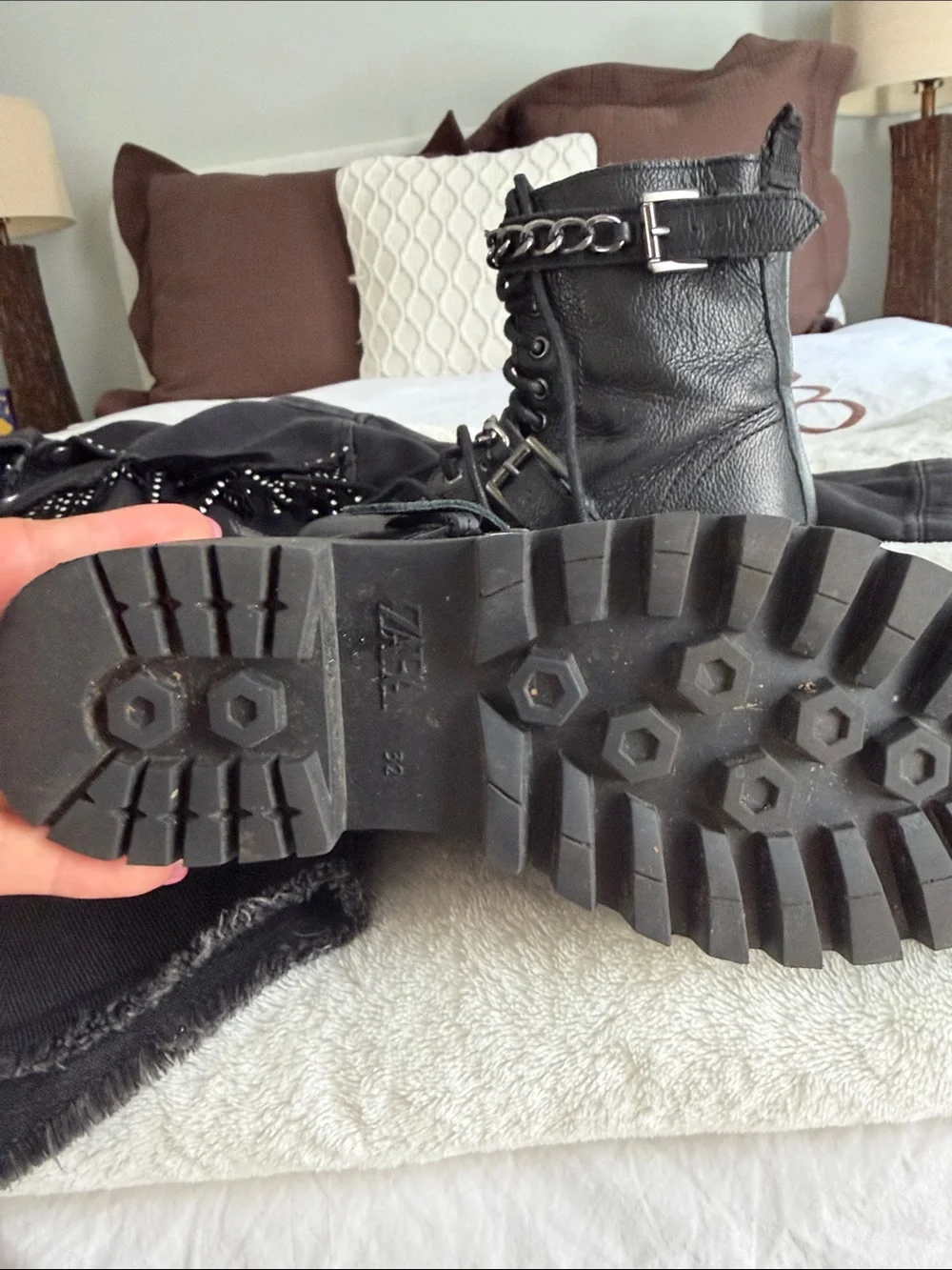 Zara Black Kids Lace-Up Combat Boots with Chain & Buckle Accents